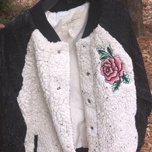 Jessica Simpson Black and White Varsity Jacket with Floral Patch